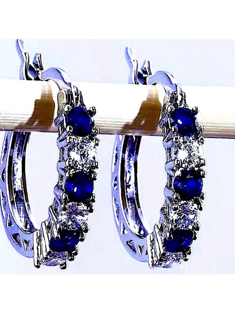 New 925 silver plated faux sapphire hoop earrings